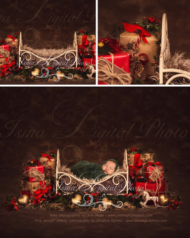 Christmas iron bed with dark brown background - Newborn digital backdrop - psd with layers