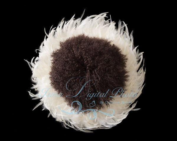 Feather Nest - Black background whit white feather and brown wool - Digital Newborn Photography Prop