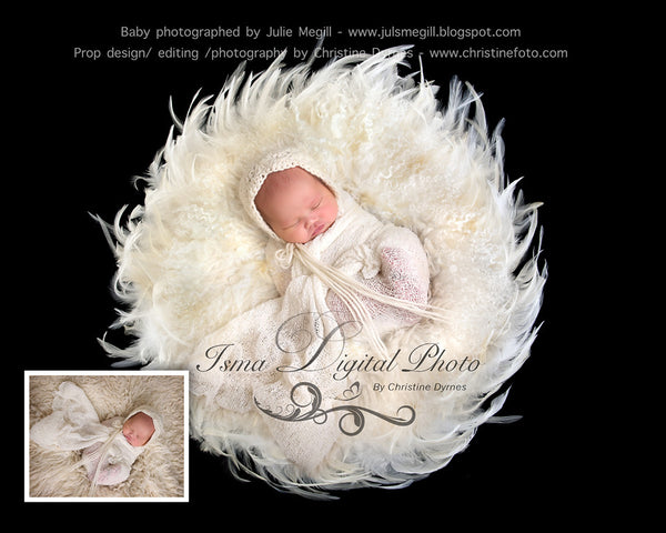 Feather Nest - Black background whit white feather and white wool - Digital Newborn Photography Prop