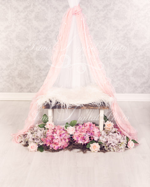 Beautiful stool with flower and veils - Newborn digital backdrop /background - psd with layers