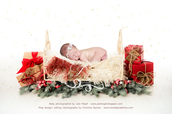 Christmas iron bed with white background 2 - Newborn digital backdrop - psd with layers