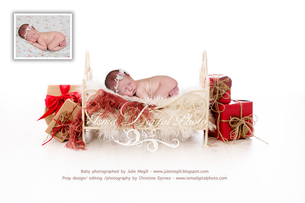 Christmas iron bed with white background - Newborn digital backdrop - psd with layers