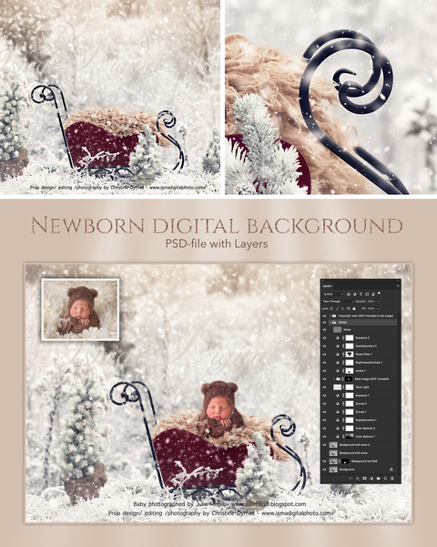 Christmas sled in winter land - Newborn digital background - psd with layers