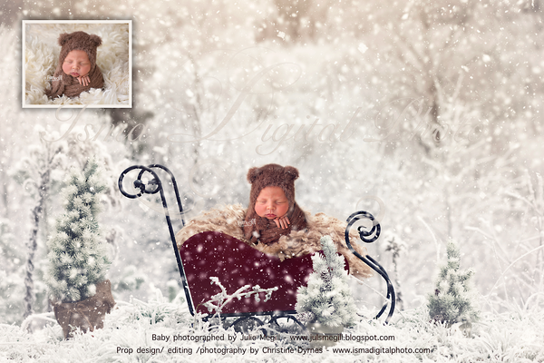 Christmas sled in winter land - Newborn digital background - psd with layers