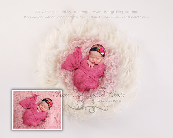 Feather Nest - Light background whit white feather and bright pink wool - Digital Newborn Photography Prop