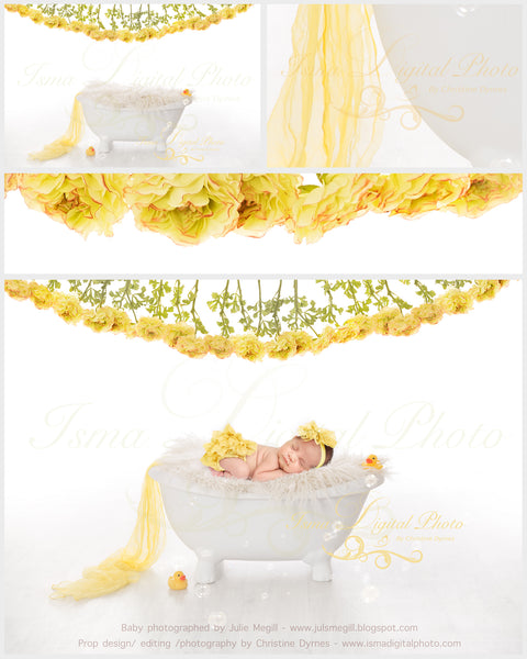 Bathtub with pure white background - Yellow flowers and rubber duck - Digital backdrop - psd with layers