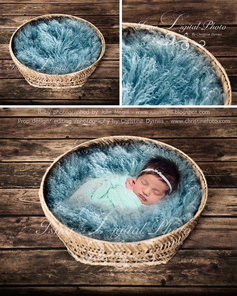 Basket Wooden Floor Whit Turquoise Wool 3 - Beautiful Digital background backdrop Newborn Photography Prop download