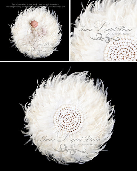 Feather nest, Black babckground whit white feather and sea shells - Digital Newborn Photography Prop
