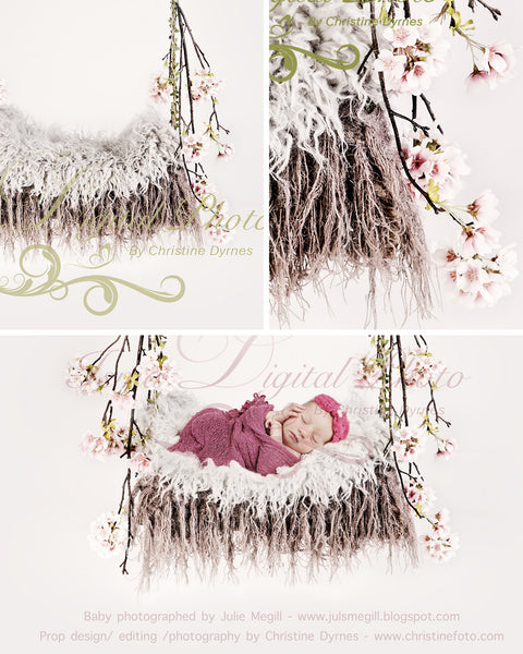 Swing cherry blossom with Fur - Beautiful Digital background Newborn Photography Prop download