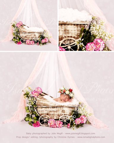 Vintage Stroller With Light Background Veils And Flower - psd file with Layers