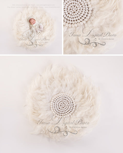 Feather nest, White babckground whit white feather and sea shells - Digital Newborn Photography Prop