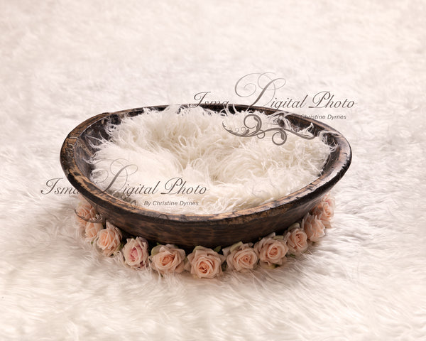 Handmade wooden bowl with white carpet and flower - Digital backdrop /background - psd with layers