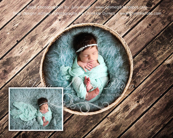 Basket Wooden Floor Whit Turquoise Wool 2 - Beautiful Digital background backdrop Newborn Photography Prop download