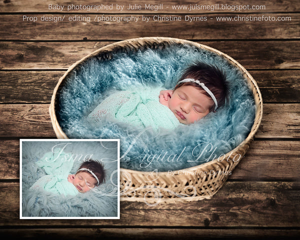 Basket Wooden Floor Whit Turquoise Wool 3 - Beautiful Digital background backdrop Newborn Photography Prop download