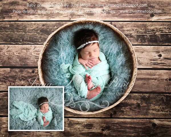 Basket Wooden Floor Whit Turquoise Wool - Beautiful Digital background backdrop Newborn Photography Prop download