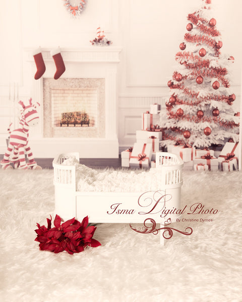Christmas Background With White Bed - Beautiful Digital background backdrop download