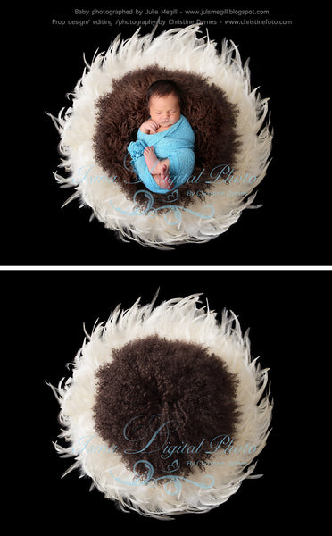 Feather Nest - Black background whit white feather and brown wool - Digital Newborn Photography Prop
