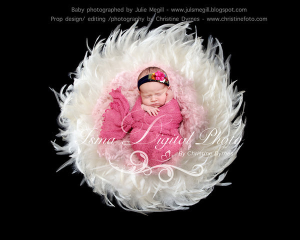 Feather Nest - Black background whit white feather and bright pink wool - Digital Newborn Photography Prop