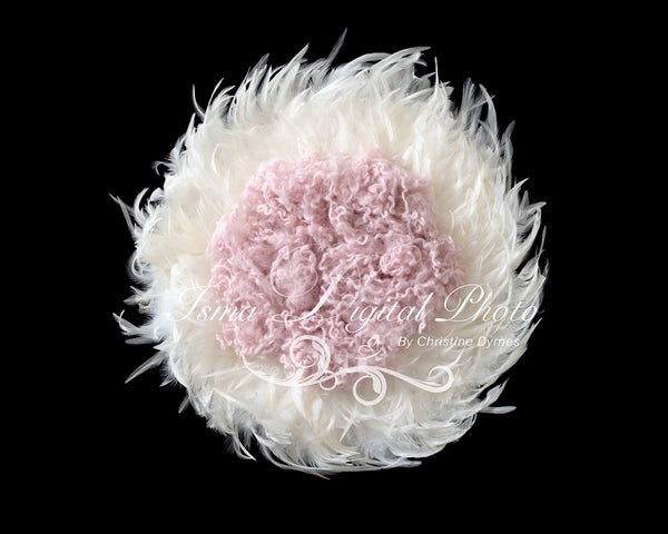 Feather Nest - Black background whit white feather and bright pink wool - Digital Newborn Photography Prop