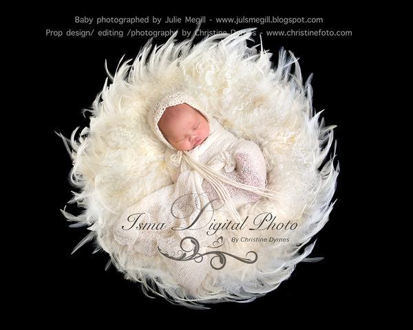 Feather Nest - Black background whit white feather and white wool - Digital Newborn Photography Prop