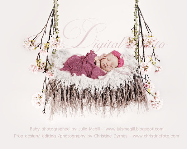 Swing cherry blossom with Fur - Beautiful Digital background Newborn Photography Prop download