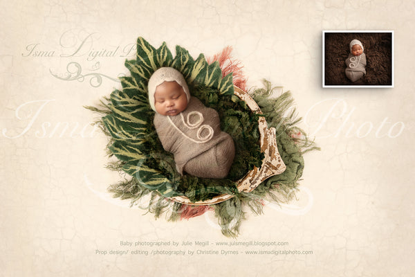 Newborn felted green wool leaf 1 - Digital backdrop /background - psd with layers