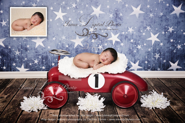 Red toy car with star background and flower 2 - Digital backdrop /background - psd with layers