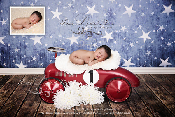 Red toy car with star background and flower - Digital backdrop /background - psd with layers