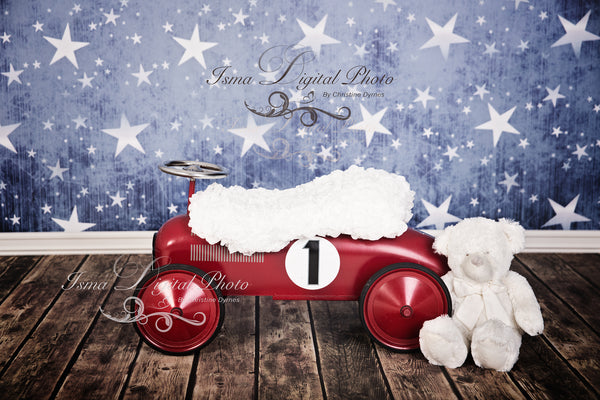Red toy car with star background and teddy bear - Digital backdrop /background - psd with layers