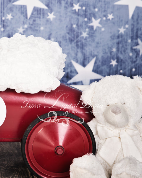 Red toy car with star background and teddy bear - Digital backdrop /background - psd with layers