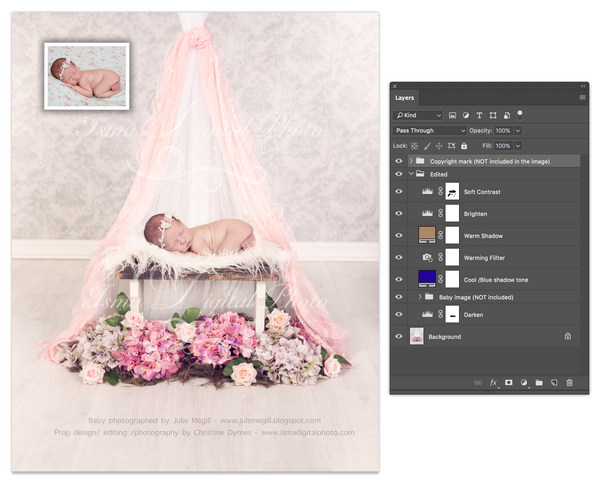 Beautiful stool with flower and veils - Newborn digital backdrop /background - psd with layers