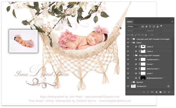 Hammock with pure white background and flowers - Digital backdrop /background - psd with layers